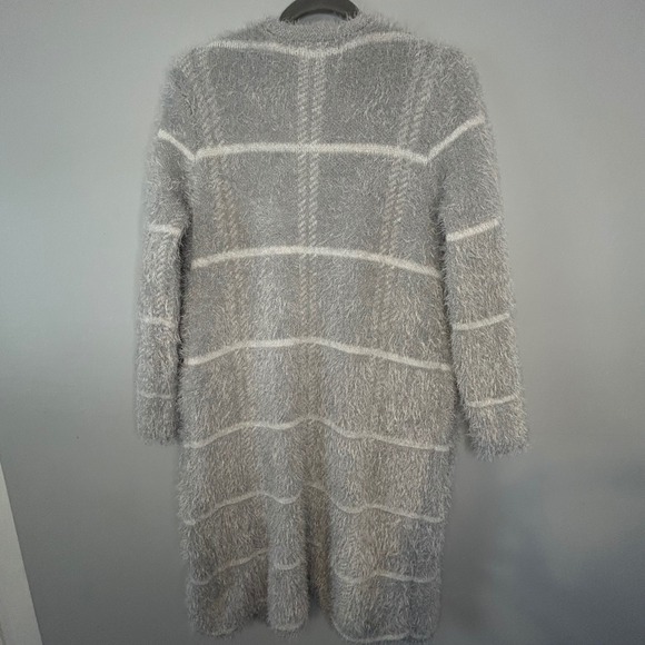 Adrienne Vittadini Grey Eyelash Knit Longline Striped Cardigan Sweater Small - Picture 3 of 8